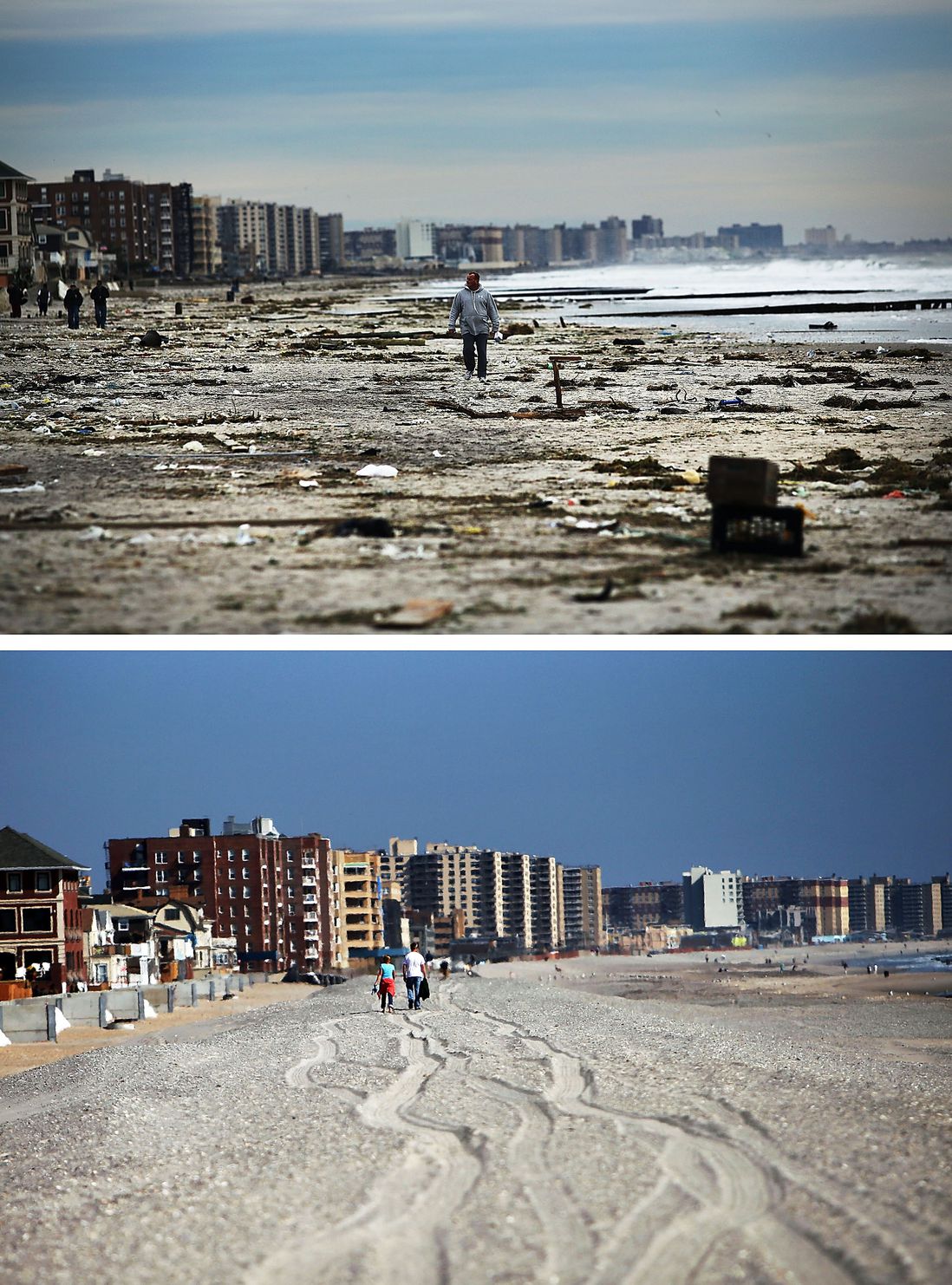 [Top] A man walks along the heavily damaged beach on November 2, 2012 in Rockaway neighborhood of the Queens borough of New York City. [Bottom] People walk down the beach on October 23, 2013.